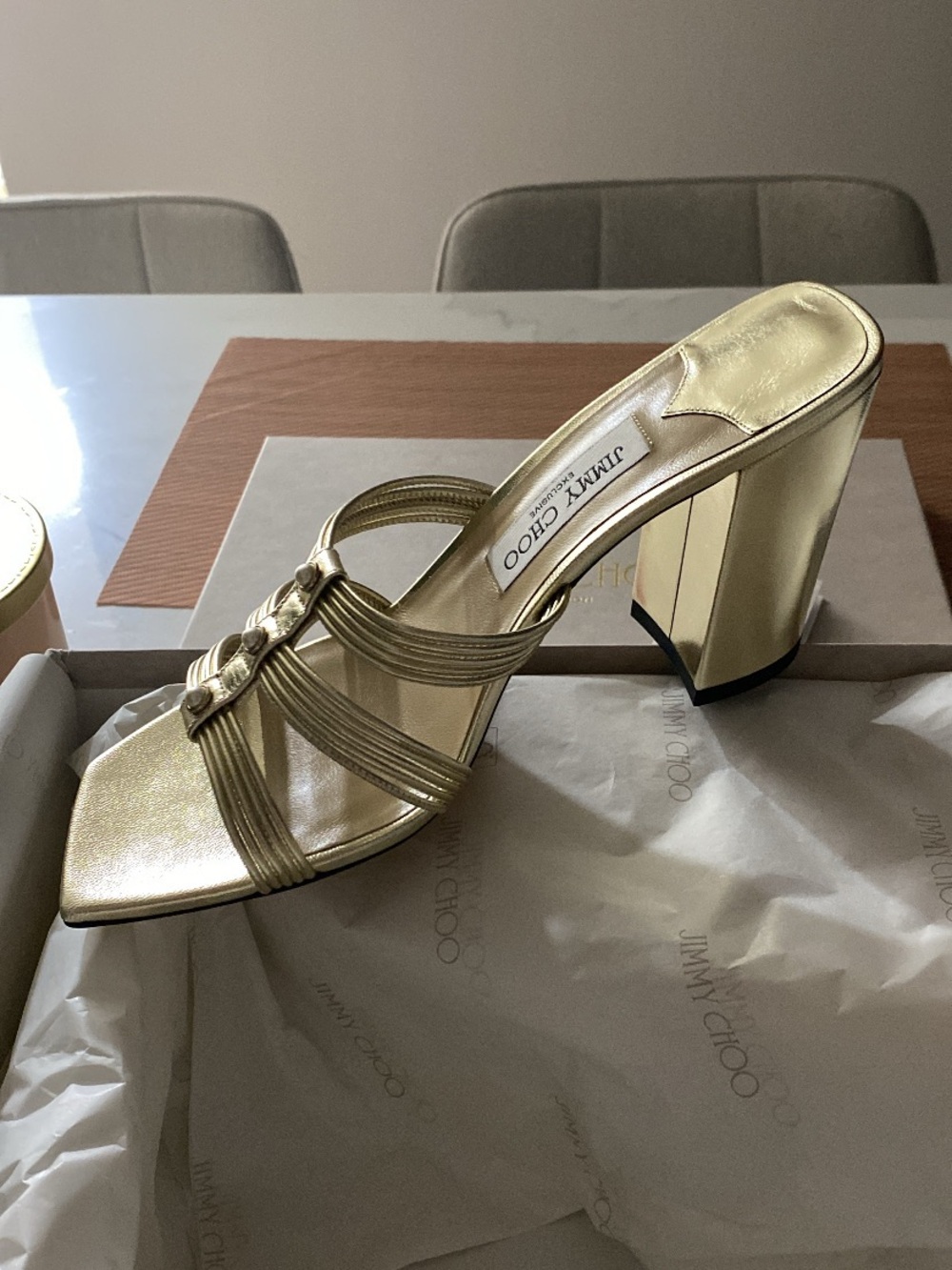Jimmy Choo Metallic Gold Pearl-Embellished Strappy Block Mules